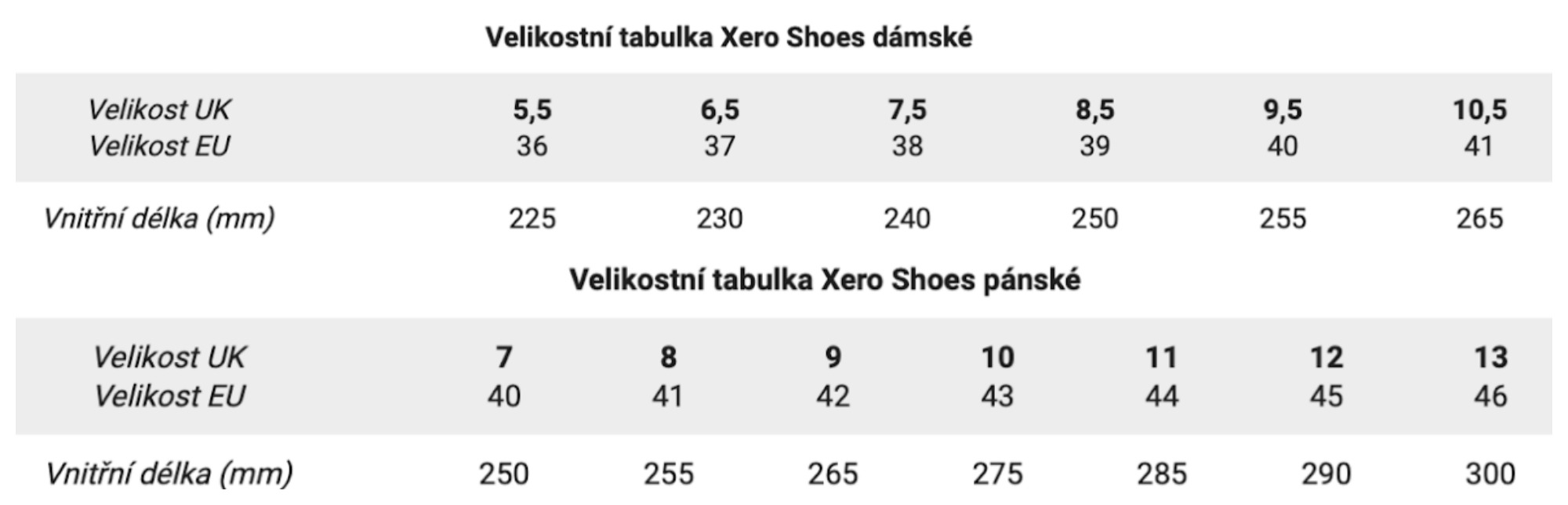 Xero shoes tabulka velikostí